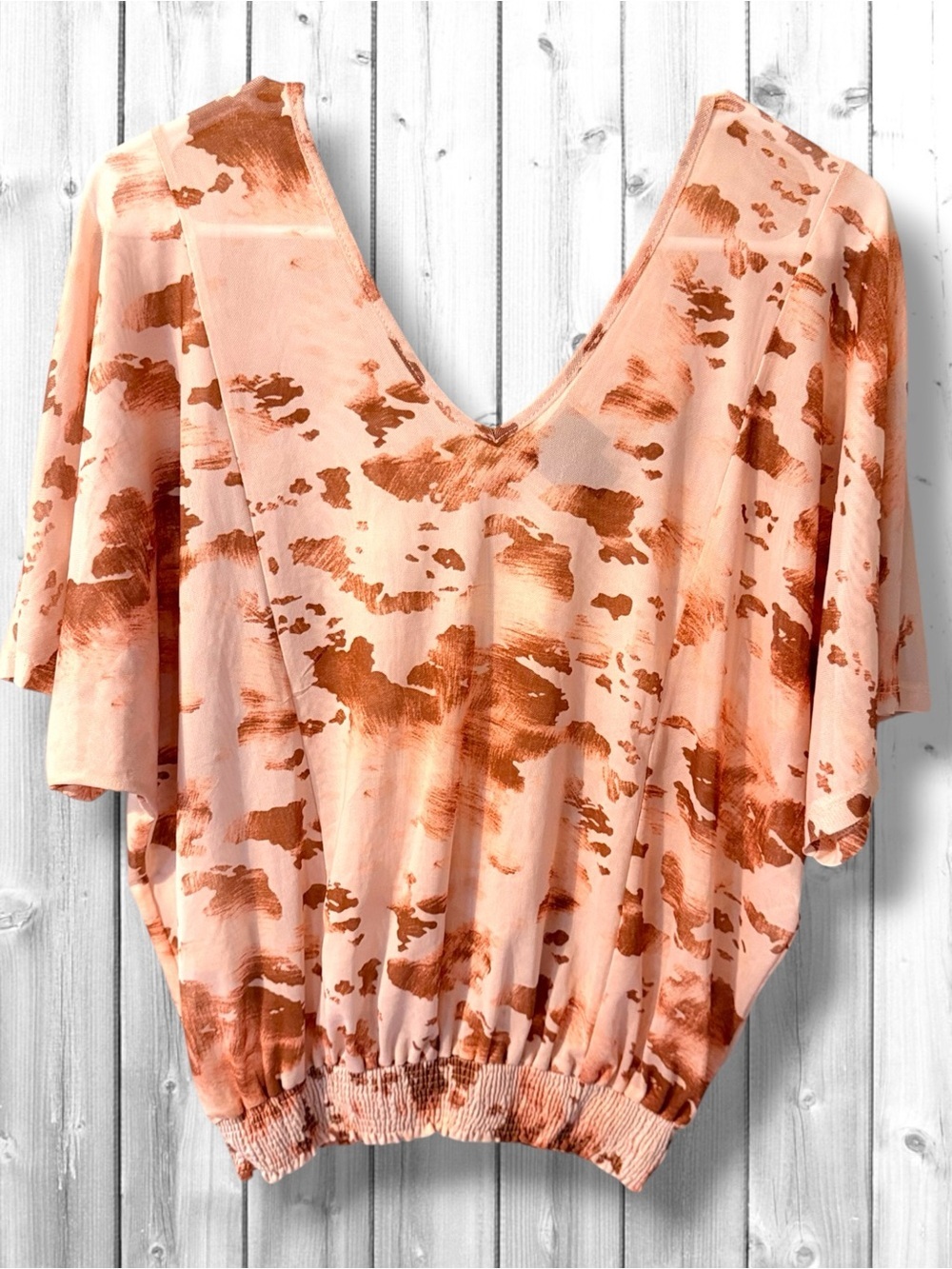 🌼Daytrip Mesh Peach and Copper Tie-Dye V-Neck Blouse